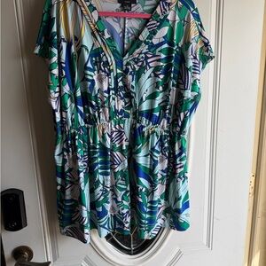 Liz Claiborne Tropical V-Neck Blouse in Green, Blue & White